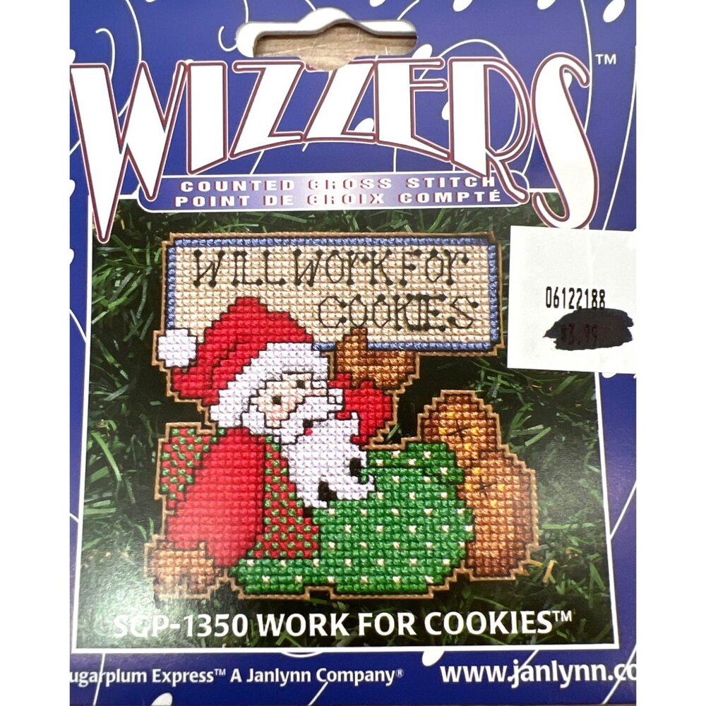 Janlynn Wizzers Counted Cross Stitch Chart "Will Work For Cookies" Santa Design